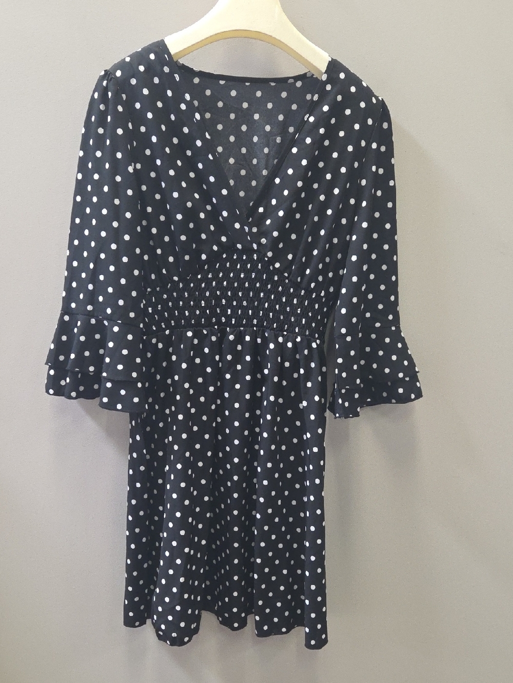 Black Polka Dot V-Neck Smocked-Waist Long Sleeve Dress